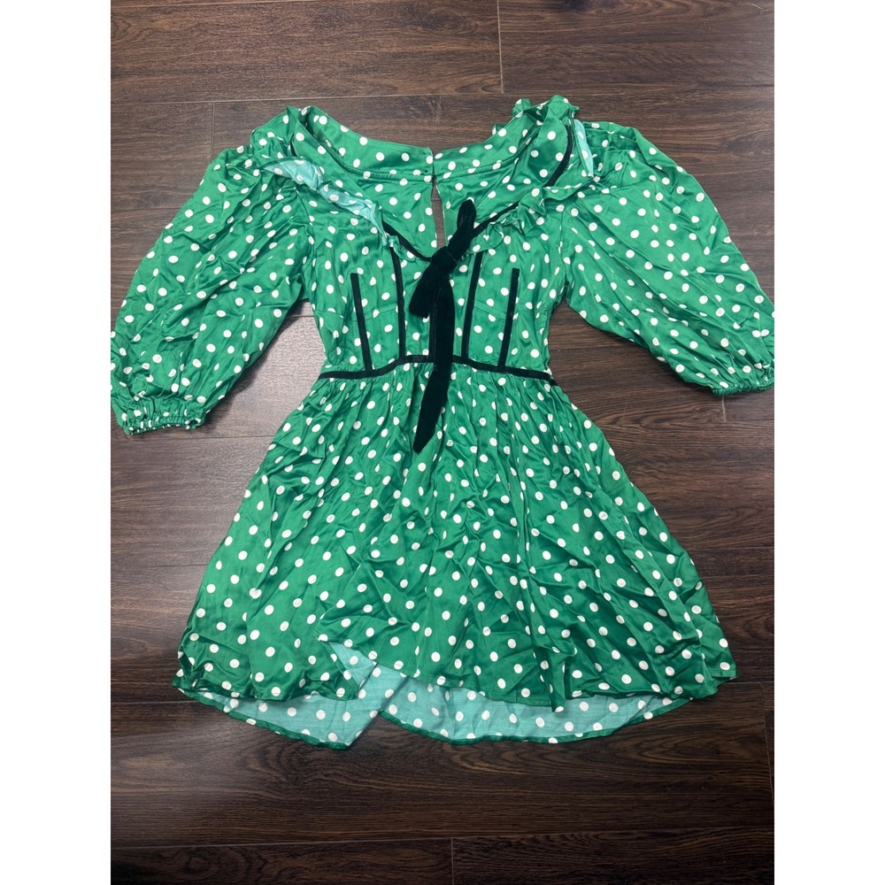 NWT For Love & Lemons Green‎ Polka Dot Velvet Corset Trim Mini Dress - Size S